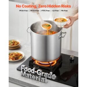 stainless steel stock pot, 21 quart stainless steel stockpot with glass lid, pfoa free, pfas free, compatible with gas stoves, induction cooktops, electric stoves, for soups, stews, and pasta