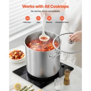 stainless steel stock pot, 21 quart stainless steel stockpot with glass lid, pfoa free, pfas free, compatible with gas stoves, induction cooktops, electric stoves, for soups, stews, and pasta