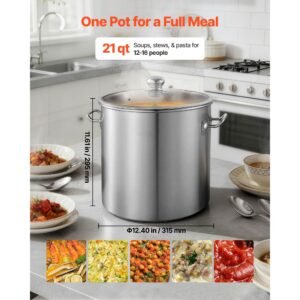 stainless steel stock pot, 21 quart stainless steel stockpot with glass lid, pfoa free, pfas free, compatible with gas stoves, induction cooktops, electric stoves, for soups, stews, and pasta