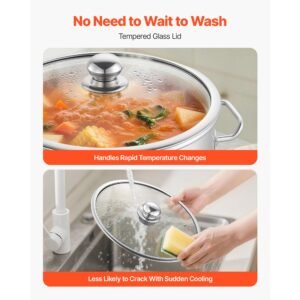 stainless steel stock pot, 21 quart stainless steel stockpot with glass lid, pfoa free, pfas free, compatible with gas stoves, induction cooktops, electric stoves, for soups, stews, and pasta