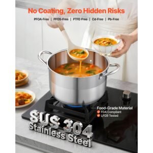stainless steel stock pot, 8 quart stainless steel stockpot with glass lid, pfoa free, pfas free, compatible with gas stoves, induction cooktops, electric stoves, for soups, stews, and pasta