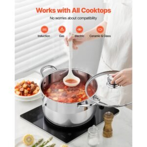 stainless steel stock pot, 8 quart stainless steel stockpot with glass lid, pfoa free, pfas free, compatible with gas stoves, induction cooktops, electric stoves, for soups, stews, and pasta