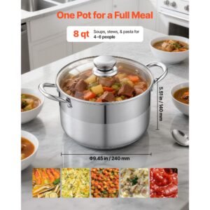 stainless steel stock pot, 8 quart stainless steel stockpot with glass lid, pfoa free, pfas free, compatible with gas stoves, induction cooktops, electric stoves, for soups, stews, and pasta