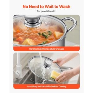 stainless steel stock pot, 8 quart stainless steel stockpot with glass lid, pfoa free, pfas free, compatible with gas stoves, induction cooktops, electric stoves, for soups, stews, and pasta