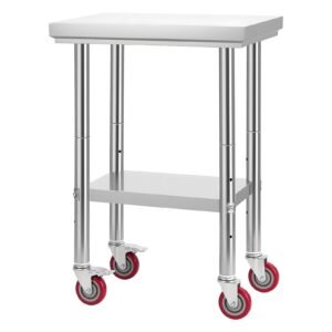 stainless steel table, 24 x 18 inches food prep worktable with wheels, kitchen prep table with adjustable undershelf workstations for commercial kitchen, restaurant, hotel and garage, outdoor