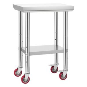 stainless steel table, 24 x 18 inches food prep worktable with wheels, kitchen prep table with adjustable undershelf workstations for commercial kitchen, restaurant, hotel and garage, outdoor