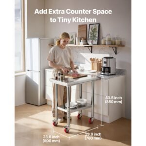 stainless steel table, 24 x 30 inches food prep worktable with wheels, kitchen prep table with adjustable undershelf workstations for commercial kitchen, restaurant, hotel and garage, outdoor