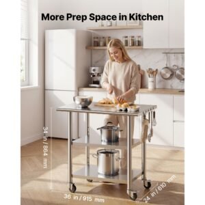 stainless steel work table, 24x36 inch food prep table with 2 shelves and wheels, commercial kitchen workstation, metal heavy duty utility worktable, for restaurant home hotel garage outdoor