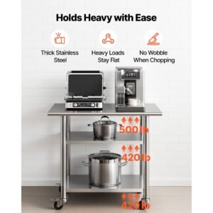 stainless steel work table, 24x36 inch food prep table with 2 shelves and wheels, commercial kitchen workstation, metal heavy duty utility worktable, for restaurant home hotel garage outdoor