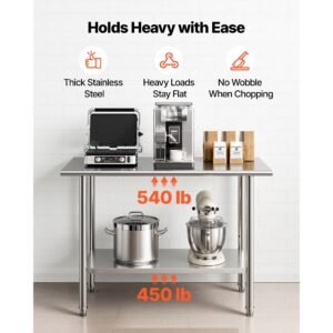 stainless steel work table, 24x48 inch food prep table, commercial kitchen workstation with adjustable undershelf, metal heavy duty utility worktable, for restaurant home hotel garage outdoor