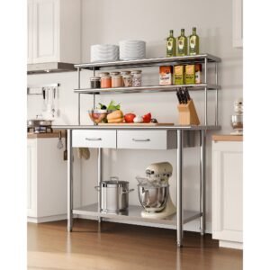 stainless steel work table, 24x48 inch food prep table with overshelves and 2 drawers, commercial kitchen workstation with adjustable undershelf, metal utility worktable, for restaurant garage