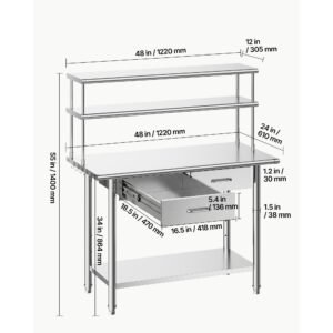 stainless steel work table, 24x48 inch food prep table with overshelves and 2 drawers, commercial kitchen workstation with adjustable undershelf, metal utility worktable, for restaurant garage