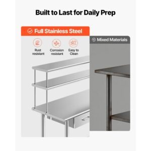 stainless steel work table, 24x48 inch food prep table with overshelves and 2 drawers, commercial kitchen workstation with adjustable undershelf, metal utility worktable, for restaurant garage