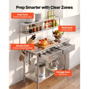 stainless steel work table, 24x48 inch food prep table with overshelves and 2 drawers, commercial kitchen workstation with adjustable undershelf, metal utility worktable, for restaurant garage