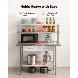 stainless steel work table, 24x48 inch food prep table with overshelves and 2 drawers, commercial kitchen workstation with adjustable undershelf, metal utility worktable, for restaurant garage