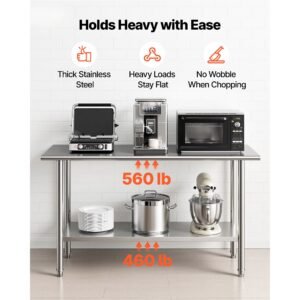 stainless steel work table, 24x60 inch food prep table, commercial kitchen workstation with adjustable undershelf, metal heavy duty utility worktable, for restaurant home hotel garage outdoor