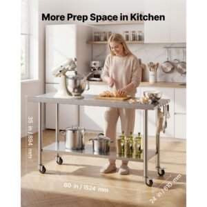 stainless steel work table, 24x60 inch food prep table with wheels and backsplash, commercial kitchen workstation with adjustable undershelf, metal utility worktable, for restaurant home outdoor