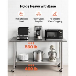 stainless steel work table, 24x60 inch food prep table with wheels and backsplash, commercial kitchen workstation with adjustable undershelf, metal utility worktable, for restaurant home outdoor