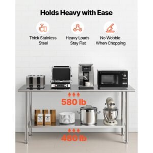 stainless steel work table, 24x72 inch food prep table, commercial kitchen workstation with adjustable undershelf, metal heavy duty utility worktable, for restaurant home hotel garage outdoor