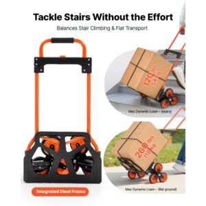 stair climbing cart, 120 lbs stair climbing capacity, portable folding trolley cart with telescoping handle, 6 wheels and 2 bungee cords, stair climber dolly for home, groceries, warehouse