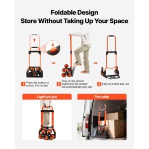 stair climbing cart, 120 lbs stair climbing capacity, portable folding trolley cart with telescoping handle, 6 wheels and 2 bungee cords, stair climber dolly for home, groceries, warehouse