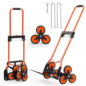 Stair Climbing Cart, 120 lbs Stair-Climbing Capacity, Portable Folding Trolley Cart with Telescoping Handle, 6 Wheels and 2 Bungee Cords, Stair Climber Dolly for Home, Groceries, Warehouse