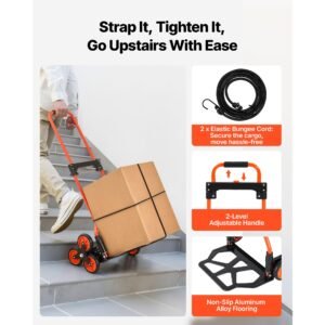 stair climbing cart, 120 lbs stair climbing capacity, portable folding trolley cart with telescoping handle, 6 wheels and 2 bungee cords, stair climber dolly for home, groceries, warehouse