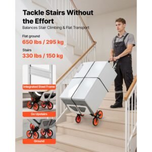 stair climbing cart, 330 lbs stair climb capacity, aluminum alloy folding trolley cart with telescoping handle, 6 wheels and 2 bungee cords, stair climber dolly for home, groceries, warehouse