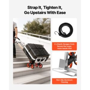 stair climbing cart, 330 lbs stair climb capacity, aluminum alloy folding trolley cart with telescoping handle, 6 wheels and 2 bungee cords, stair climber dolly for home, groceries, warehouse