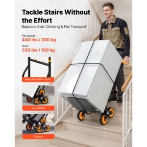 stair climbing cart, 330 lbs stair climbing capacity, heavy duty folding trolley cart with telescoping handle, 6 wheels and 2 bungee cords, stair climber dolly for home, groceries, warehouse