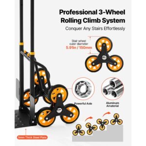 stair climbing cart, 330 lbs stair climbing capacity, heavy duty folding trolley cart with telescoping handle, 6 wheels and 2 bungee cords, stair climber dolly for home, groceries, warehouse