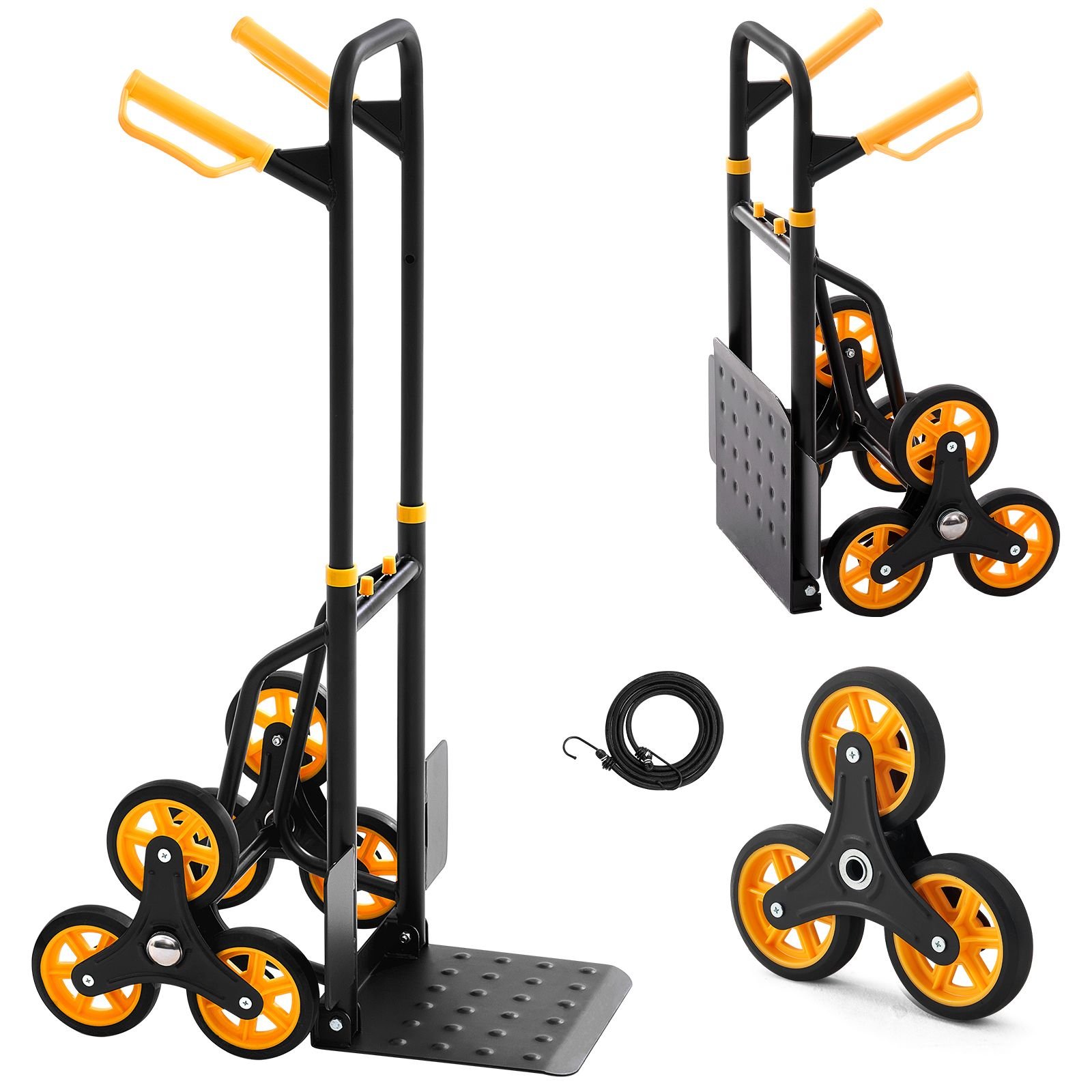 stair climbing cart, 330 lbs stair climbing capacity, heavy duty folding trolley cart with telescoping handle, 6 wheels and 2 bungee cords, stair climber dolly for home, groceries, warehouse