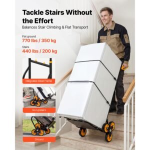 stair climbing cart, 440 lbs stair climbing capacity, heavy duty folding trolley cart with telescoping handle, 6 wheels and 2 bungee cords, stair climber dolly for home, groceries, warehouse