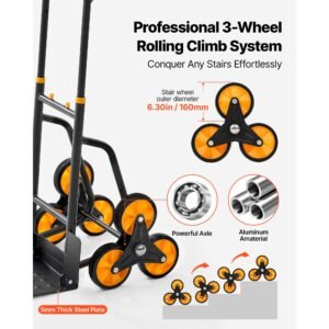 stair climbing cart, 440 lbs stair climbing capacity, heavy duty folding trolley cart with telescoping handle, 6 wheels and 2 bungee cords, stair climber dolly for home, groceries, warehouse