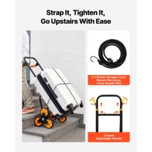 stair climbing cart, 440 lbs stair climbing capacity, heavy duty folding trolley cart with telescoping handle, 6 wheels and 2 bungee cords, stair climber dolly for home, groceries, warehouse