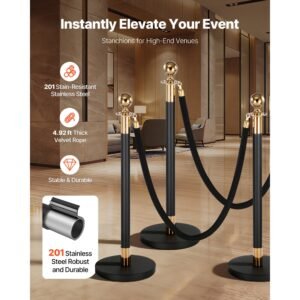 stanchion post, 4 pcs crowd control barrier set with 2 black velvet ropes, heavy duty stainless steel stanchion post queue with hollow base for theater, party, wedding, exhibition, event (black)