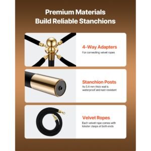 stanchion post, 4 pcs crowd control barrier set with 2 black velvet ropes, heavy duty stainless steel stanchion post queue with hollow base for theater, party, wedding, exhibition, event (black)