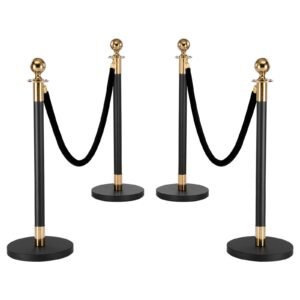 Stanchion Post, 4 Pcs Crowd Control Barrier Set with 2 Black Velvet Ropes, Heavy Duty Stainless Steel Stanchion Post Queue with Hollow Base for Theater, Party, Wedding, Exhibition, Event (Black)