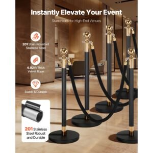 stanchion post, 8 pcs crowd control barrier set with 6 black velvet ropes, heavy duty stainless steel stanchion post queue with hollow base for theater, party, wedding, exhibition, event (black)