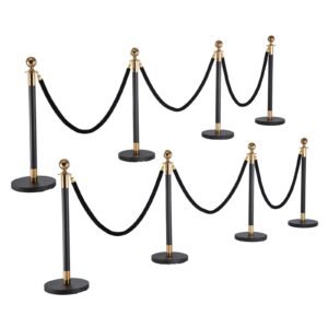 Stanchion Post, 8 Pcs Crowd Control Barrier Set with 6 Black Velvet Ropes, Heavy Duty Stainless Steel Stanchion Post Queue with Hollow Base for Theater, Party, Wedding, Exhibition, Event (Black)