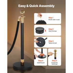 stanchion post, 8 pcs crowd control barrier set with 6 black velvet ropes, heavy duty stainless steel stanchion post queue with hollow base for theater, party, wedding, exhibition, event (black)