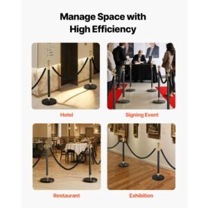 stanchion post, 8 pcs crowd control barrier set with 6 black velvet ropes, heavy duty stainless steel stanchion post queue with hollow base for theater, party, wedding, exhibition, event (black)