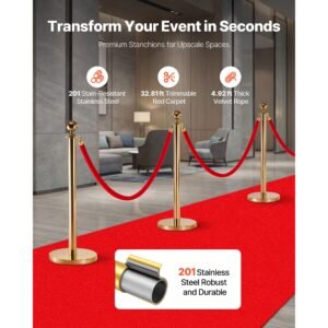 stanchion post, 8 pcs crowd control barrier set with red carpet, 6 red velvet ropes, stainless steel gold stanchion post queue with hollow base for theater, party, wedding, exhibition (gold)