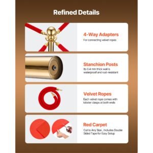 stanchion post, 8 pcs crowd control barrier set with red carpet, 6 red velvet ropes, stainless steel gold stanchion post queue with hollow base for theater, party, wedding, exhibition (gold)