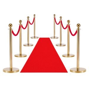 Stanchion Post, 8 Pcs Crowd Control Barrier Set with Red Carpet, 6 Red Velvet Ropes, Stainless Steel Gold Stanchion Post Queue with Hollow Base for Theater, Party, Wedding, Exhibition (Gold)