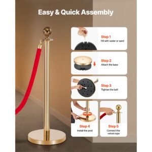 stanchion post, 8 pcs crowd control barrier set with red carpet, 6 red velvet ropes, stainless steel gold stanchion post queue with hollow base for theater, party, wedding, exhibition (gold)