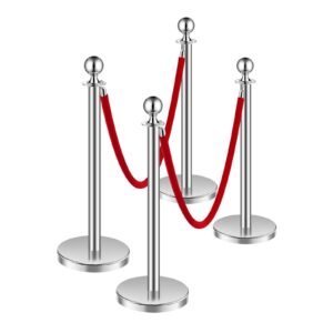 Stanchions and Velvet Ropes 4Pcs, Hollow Base with Stainless Steel Post, 2 Red Velvet Ropes and Posts, Crowd Control Barriers Silver Stanchions, Red Carpet Runner Poles for Party Supplies