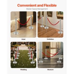 stanchions and velvet ropes 4pcs, hollow base with stainless steel post, 2 red velvet ropes and posts, crowd control barriers silver stanchions, red carpet runner poles for party supplies