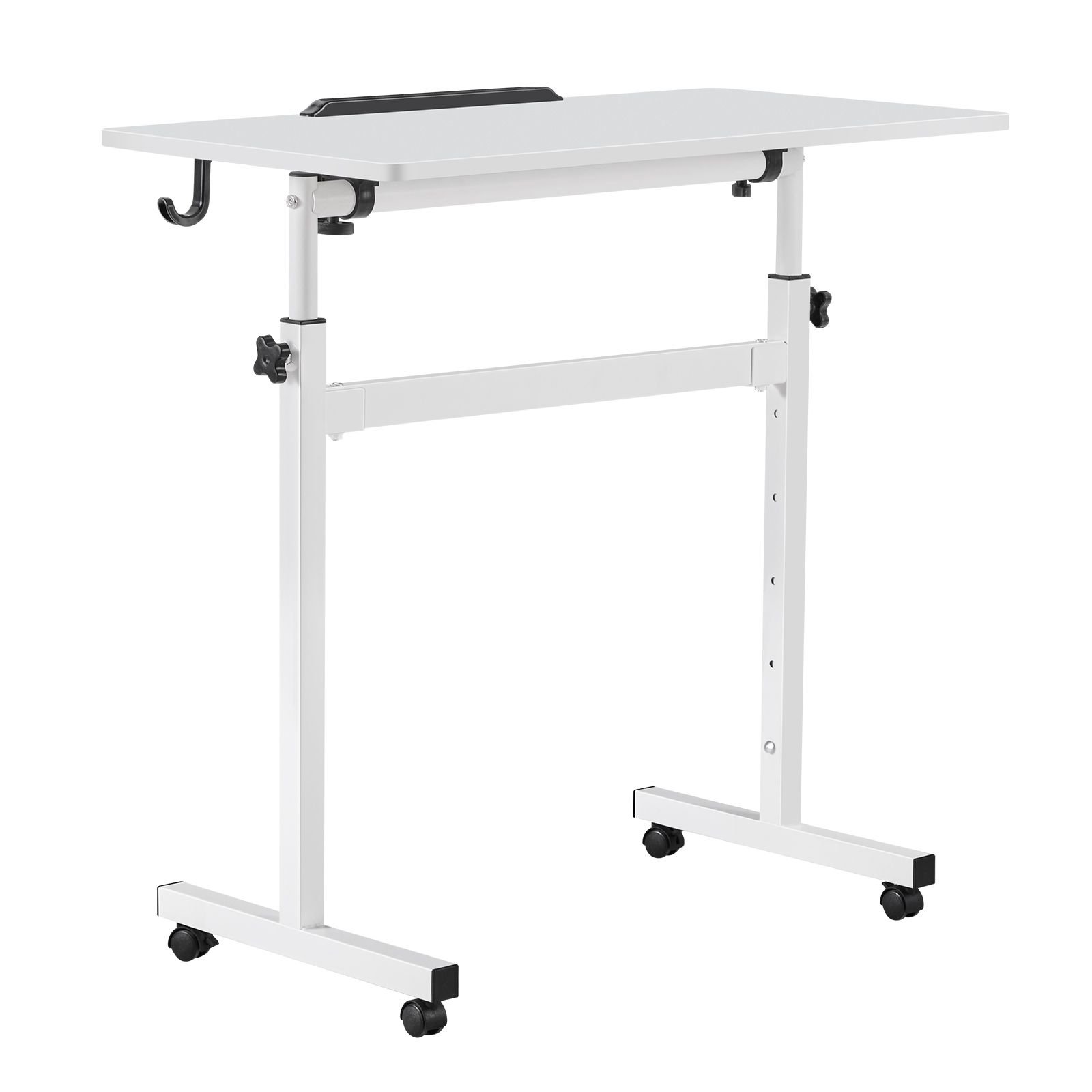 standing desk, adjustable height mobile stand up desk 360° tilting desktop, 32 x 16 in small computer sit stand rolling workstation w/ hook, lockable casters, 55.1 lbs capacity for home office