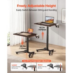 standing desk, adjustable height mobile stand up desk w/ casters, 28.2 x 20.5 in small computer sit stand rolling workstation w/ hook, 33 lbs capacity, foot pedal pneumatic lift for home office